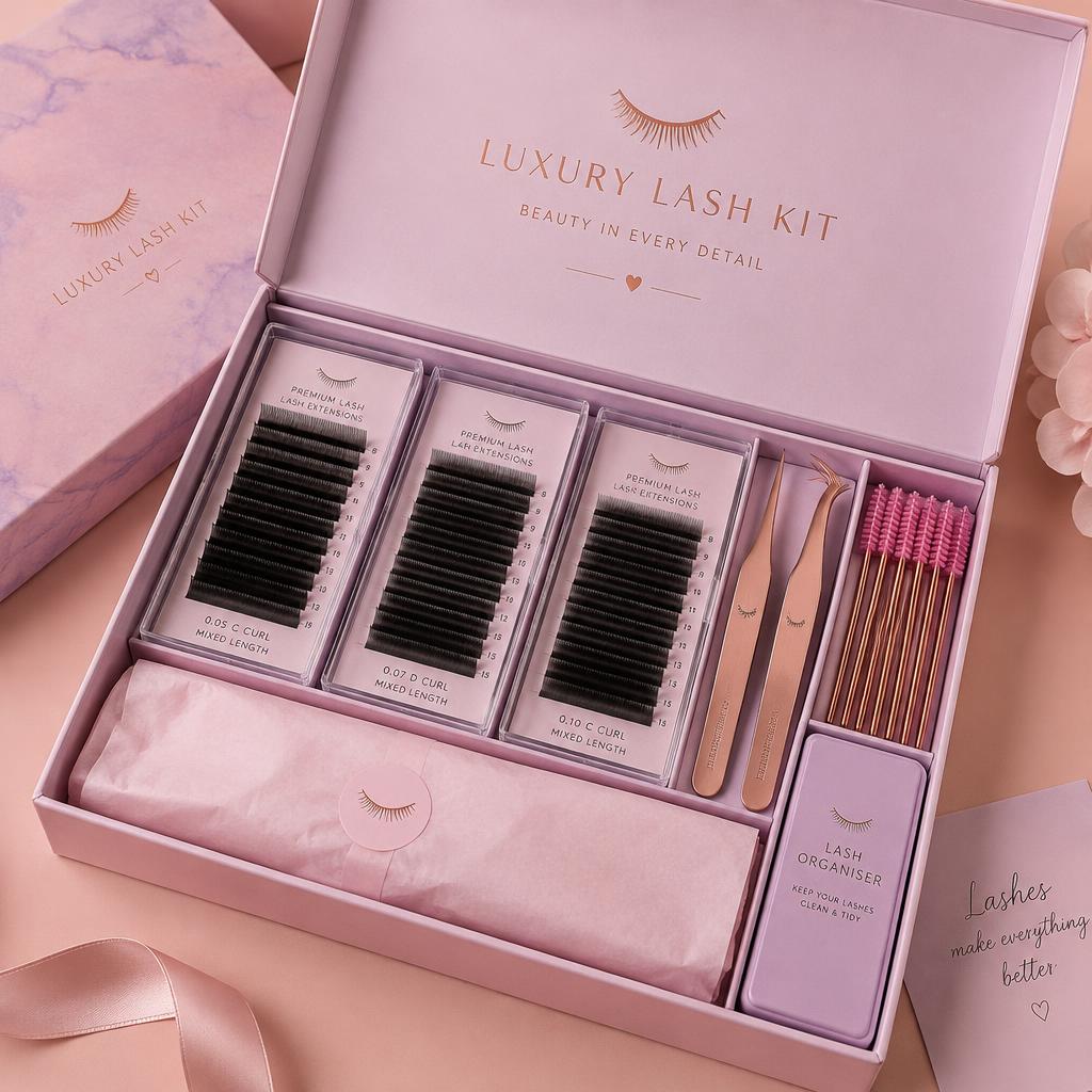 An open Lash Luxe kit box